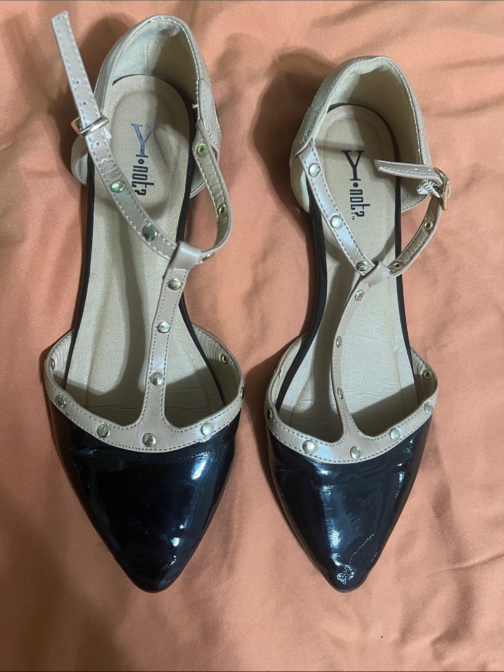 Pointed T-Strap Flats in Black and Beige